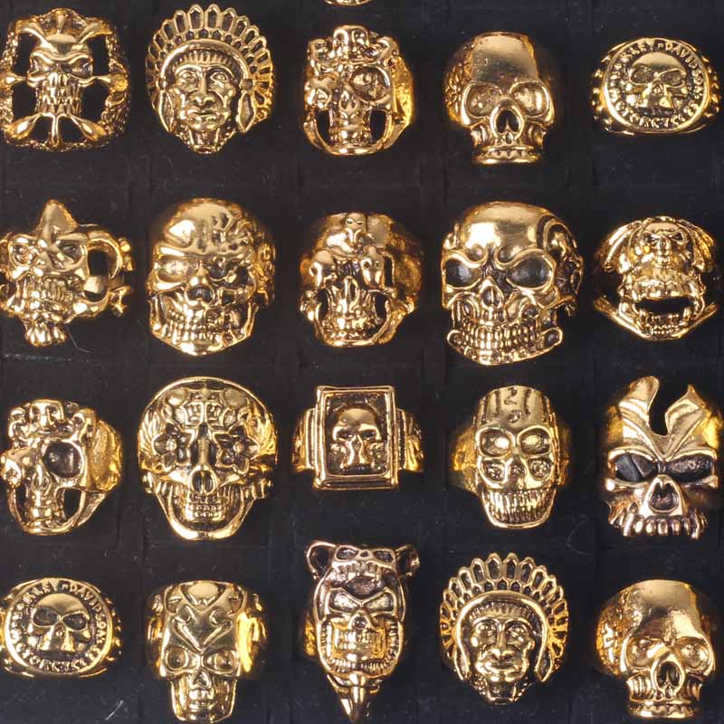 

50pcs Top-quality Gothic Punk biker Wholesale Lots Skull mixed Style Bikers Men's retro Gothic Vintage Tibetan Gold plated Bohemian Rings, Silver