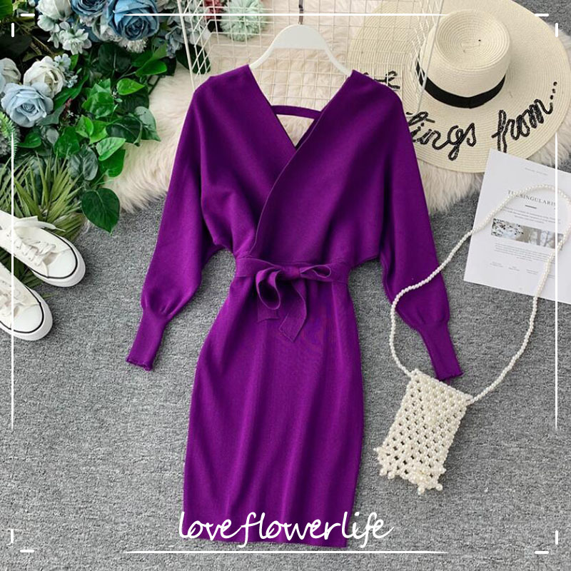

Vintage Slim Sexy Autumn Knitted Sweater Dress Bodycon Party Long Sleeve V-neck Bandage Dresses Women Casual Pencil Vestidos 210521, Black