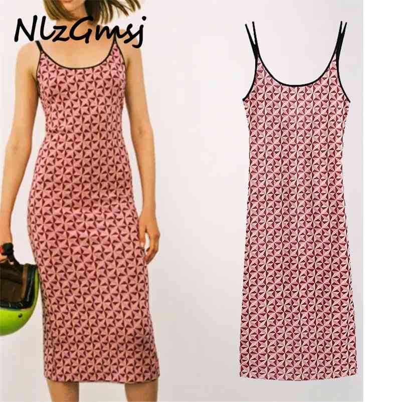 

Dress Woman Pink Slip Knitted Long Dresse Jacquard Strap Backless Casual Tank Midi Ladies 05 210628, As picture