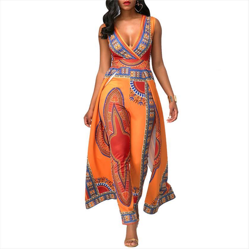 

dashiki ethnic african print women jumpsuits v neck sleeveless indie folk overalls elegant orange one piece, Black;white