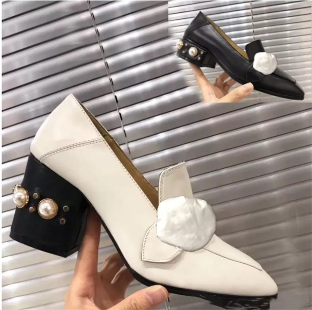 

Classic high-heeled boat shoe Designers leather rivet Thick heel high heels 100% cowhide Metal Button women Pearl Dress shoes Large size 35-42 us4-us11