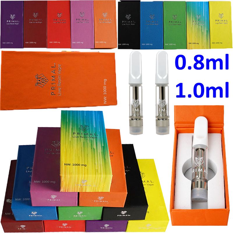

Primal Vape Cartridges Packging 0.8ml 1ml Atomizer Empty Glass Tank Carts Ceramic Thick Oil Cartridge Packaging 510 Thread Dab Wax Vaporizer