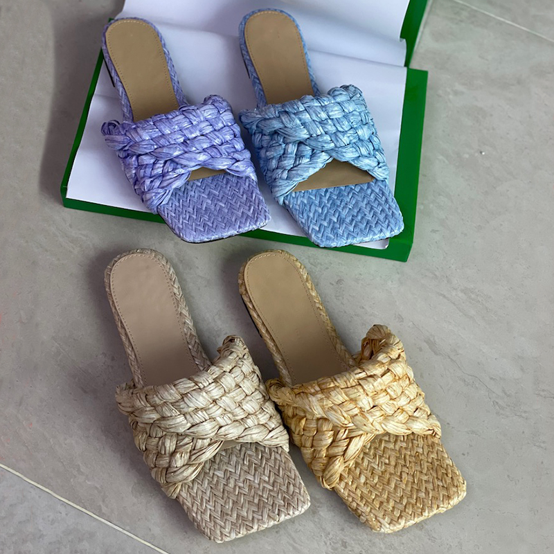 

Women Stretch Flat Sandals Intrecciato Raffia Mule Slides Elongated Squared Toe 9cmHigh Heels Real Leather Slippers Top Quality With Box 313, Socks
