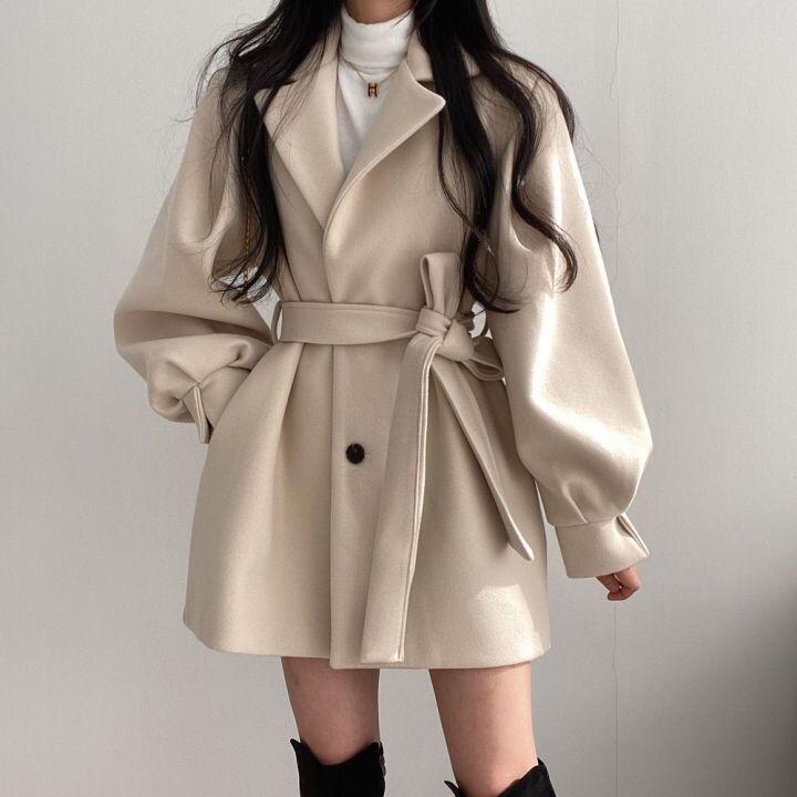 

Women' Trench Coats Korean Chic Autumn And Winter Student Loose Windbreaker Coat WOMEN ' Suit Collar MID Long Tweed, Black
