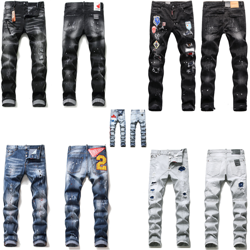 

High-quality men's jeans hand-painted paint color embroidery badge personality low-waisted small feet ripped pants 0101, 1 pcs buttons