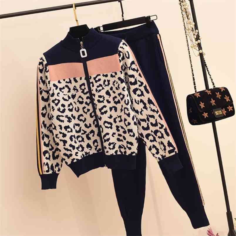 

Women Leopard Print Zipper Long-sleeved Cardigans + casual Pants 2pcs Knitting Tracksuits Stretchy Sporty Jumper Trousers Suit 210519, Photo color