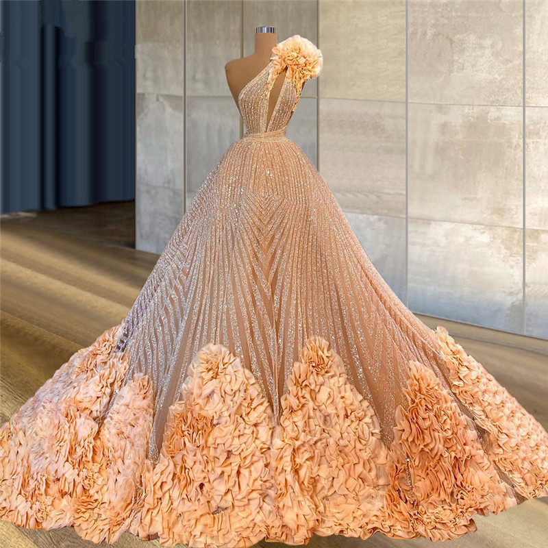 

Luxury Champagne Prom Dresses One Shoulder Gorgeous Ruffles Bling Sequins Evening Dress Couture Dubai Arabic Celebrity Gowns Vestido de novia, Brown