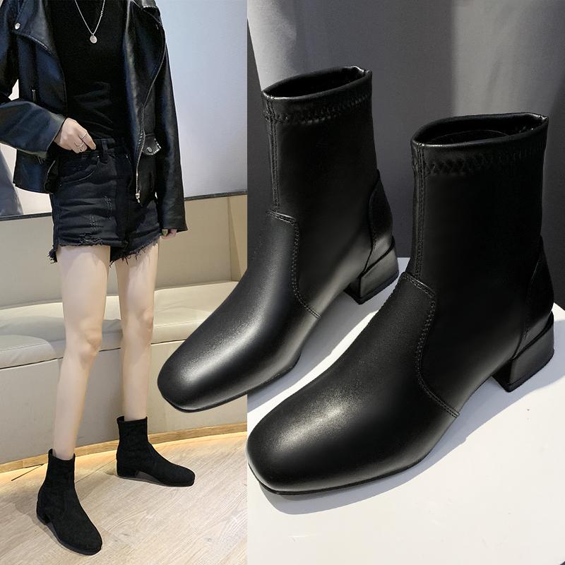 

Black Autumn Winter Boots Slip On Warm Plush Mid Calf Women Plus Size Low Heel Sewing Patchwork Shoes Woman