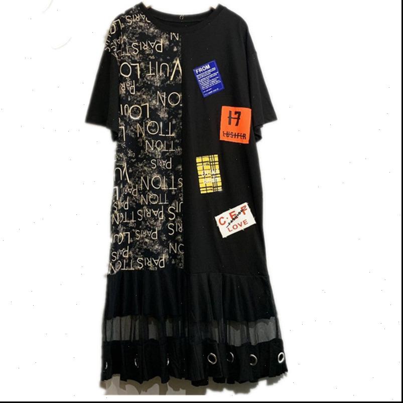 

Women Letter Dress Print Contrast Color Black T Shirt Plus Size Short Sleeve Knee Length ZQY1066, Black;gray