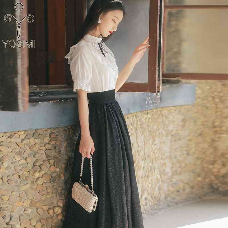 

YOSIMI Two Piece Sets Suit Women Dress Spring Vintage Short Sleeve White Lace Shirt and Long Skirt Black 210604