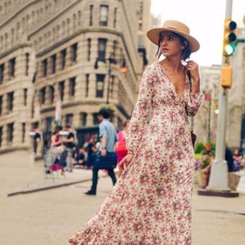 

Retro Vintage Womens Dresses Floral Printed Long Vestidos Full Sleeve V Neck High Waist Loose Boho Beach Dress XXL, Black;gray