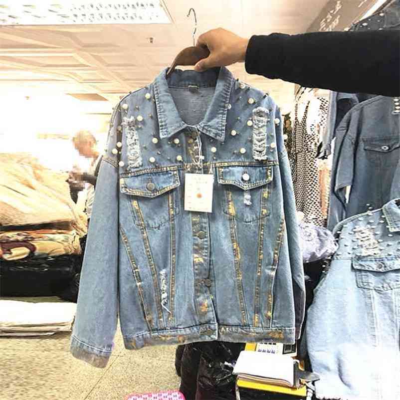 

Fashion High street Women Long Sleeve Autumn Winter Beading golden Frayed Hole Denim Coat Jacket A274 210519