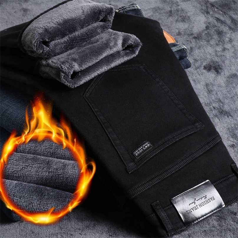

Winter Jeans Men Black Slim Fit Stretch Thick Velvet Pants Warm Casual Fleece Trousers Male Plus Size 211111, Black blue 8010