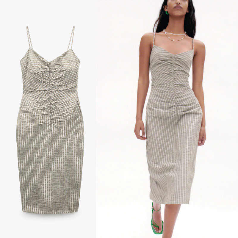 

Za Striped Ruched Long Summer Dress Women Sleeveless Straps Draped Rustic Dresses Woman Back Slit Side Zip Vintage Dress 210602, As picture
