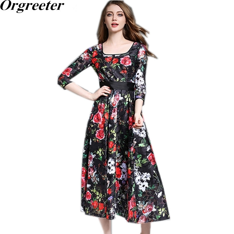 

High Quality Women Printing Lace Dress Spring Autumn Bohe Big Swing Casual Party Long Dresses Vestidos 210525, Picture color