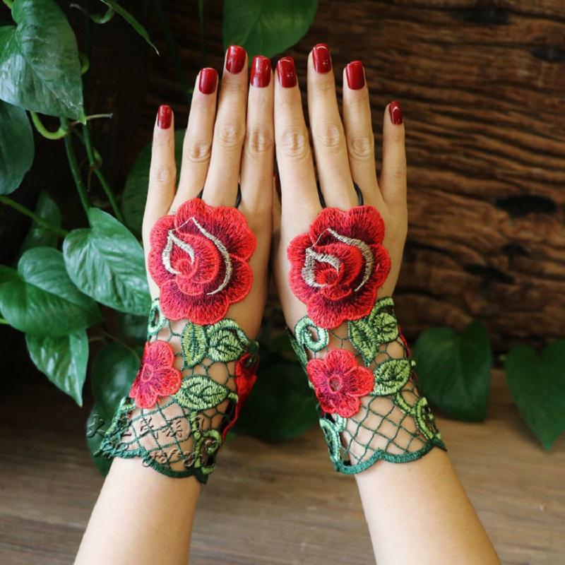 

Five Fingers Gloves 3D Lace Flower Retro Bracelet Ring Set Women Accessories For Home Party Decorations Red