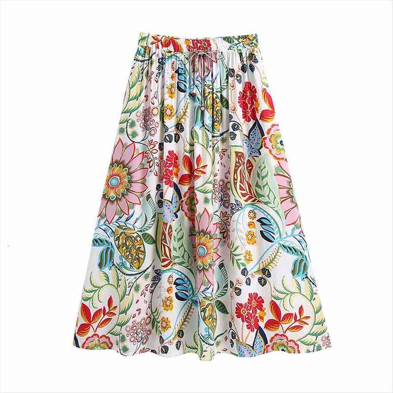 

women za summer chic fashion flower print midi skirt vintage high waist back elastic waist female skirts mujer, Black