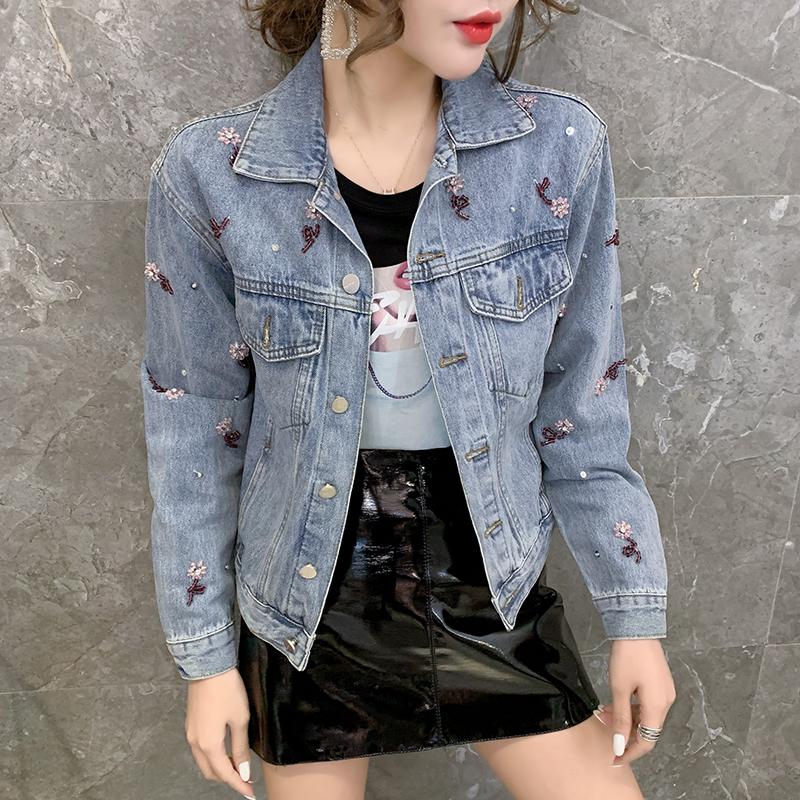 

Women' Jackets Women Denim Jacket Pocket Blue Turn Down Collar 3D Floral Embroidery