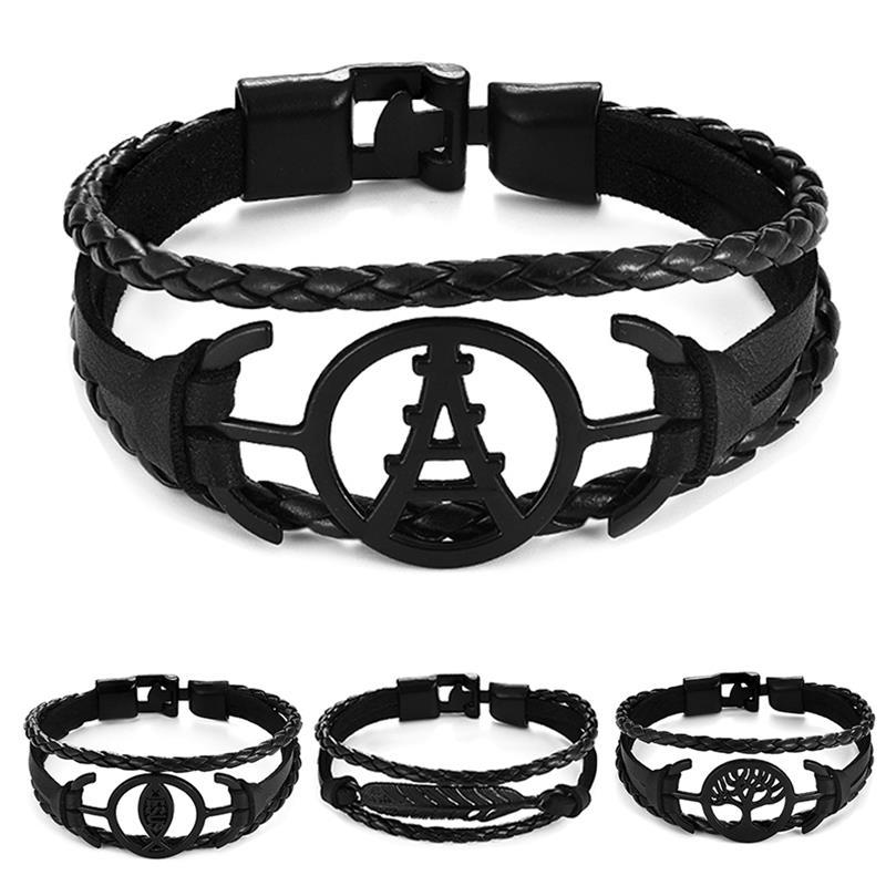 Charm Bracelets 3 Layers Black Punk Style Genuine Leather Bracelet For Men Birthday Gift Male Fashion Jewelry Bangle-image-710939103