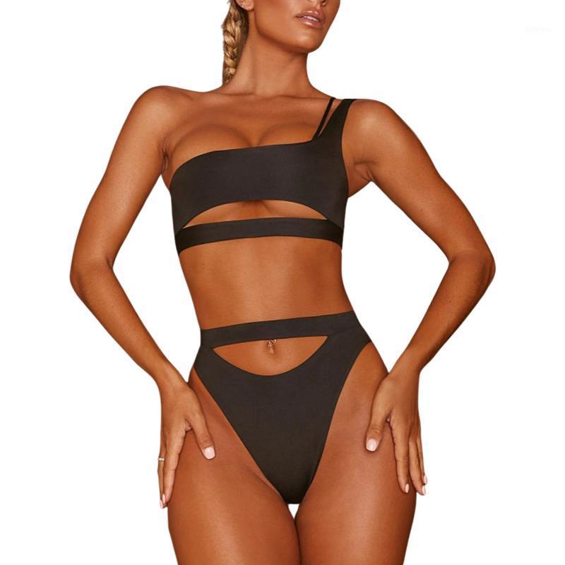 

Women' Swimwear Women Solid Color Bikinis Summer Straps Hollow Out Low-cut High Waist Push Up Bathing Suit Female Brazilian Biquini, Black