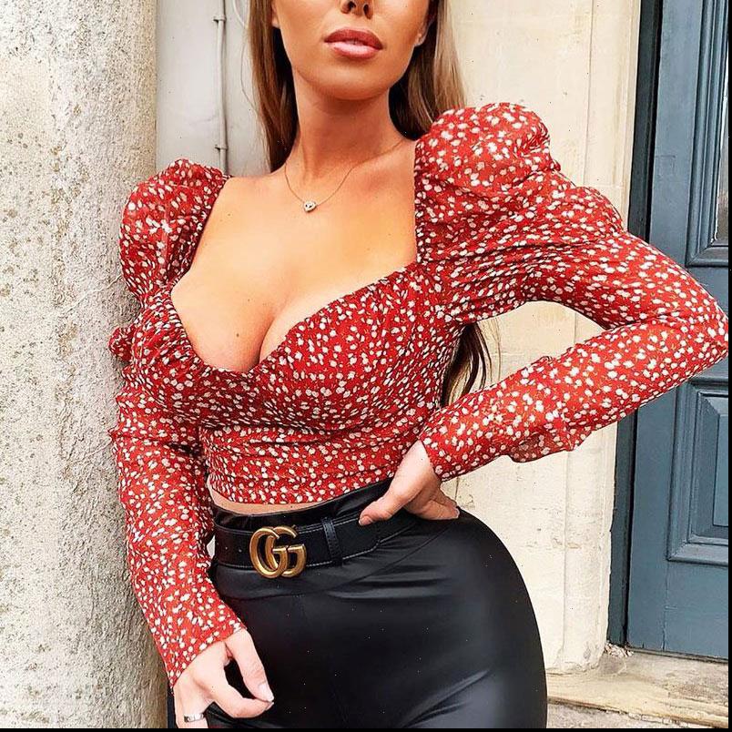 

Womens Shirts Sexy Polka Dot Long Puff Sleeve Slim Fit Shirt Casual Blouse Crop Top Drop, White