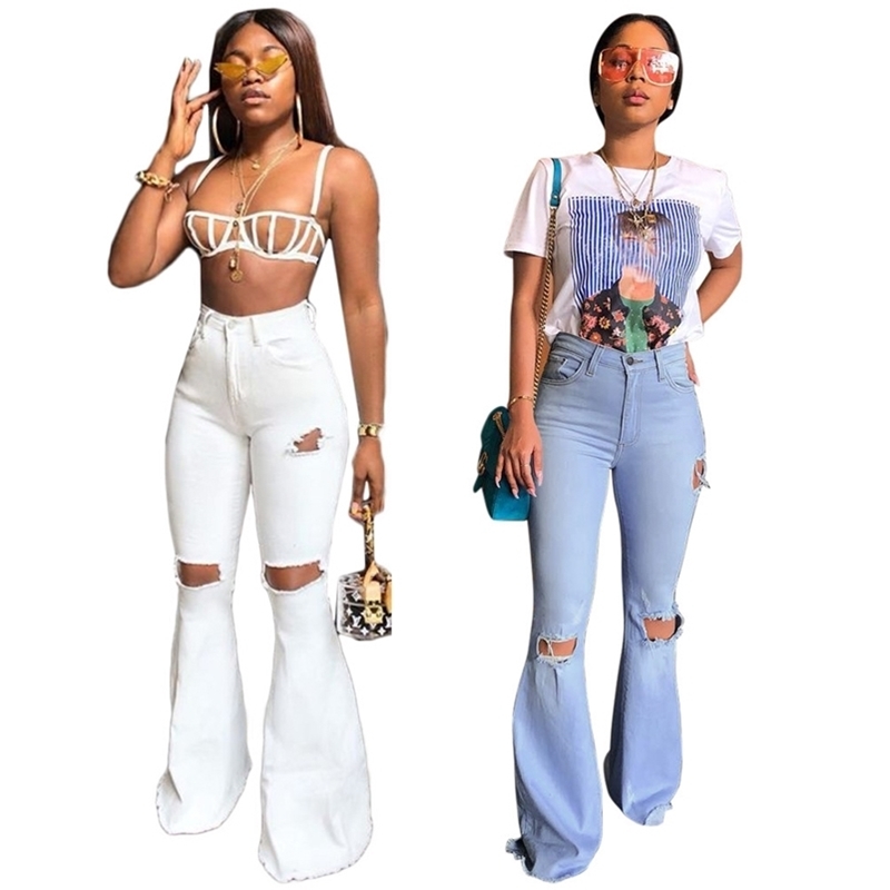 

Summer Women' Pants White High Waist Female Denim Bell Bottom Casual Ripped Jeans For Women Mom Flare Skinny Woman 210629, Light blue