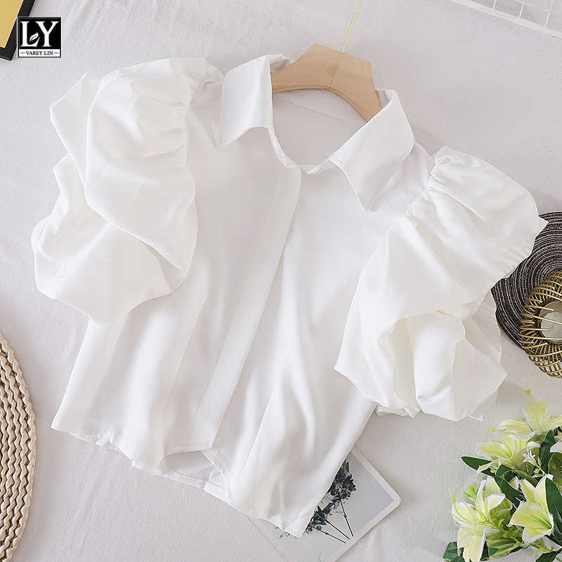 

LY VAREY LIN Summer Elegant Vintage Office Lady White Green Tops Shirts Women Casual Turn-down Collar Puff Sleeve Short 210526