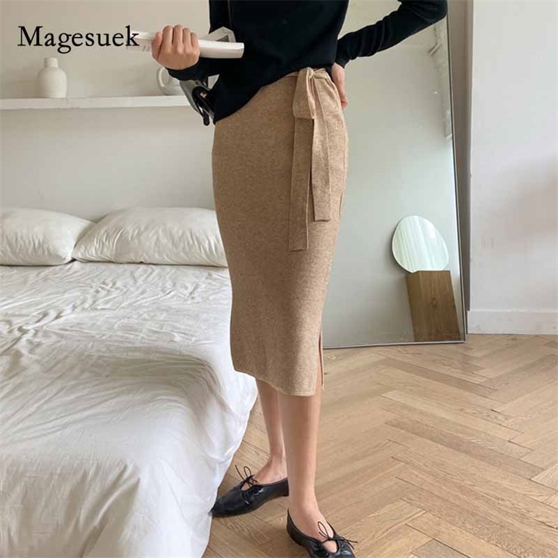 

Fashion Women Autumn High Waist Knee-length Skirts Lace-up Solid Knitted Hip Vintage H-line Skirt Jupe Femme 11114 210518, Gray