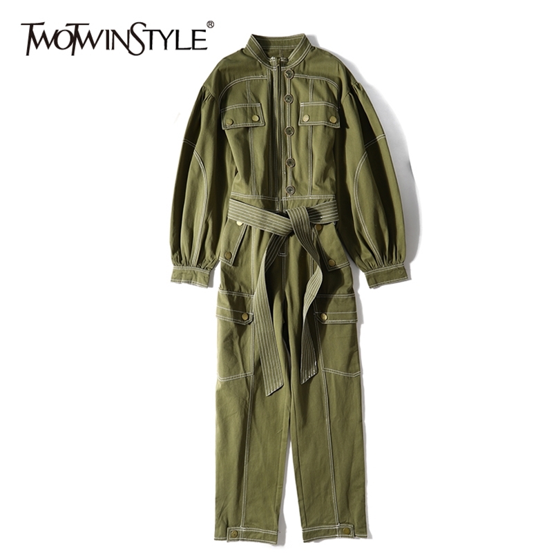 

Casual Safari Style Jumpsuit For Women Stand Collar Long Sleeve High Waist Patchwork Bowknot Jumpsuits Female 210521, Armygreen
