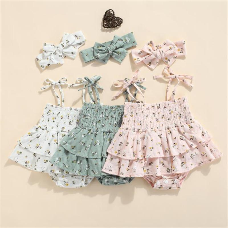 

Clothing Sets Baby Floral Print Clothes Set Girls Sleeveless Ruffle Hem Lace-up Romper Bow-knot Headband For Toddler Infant 0-12 Months, White