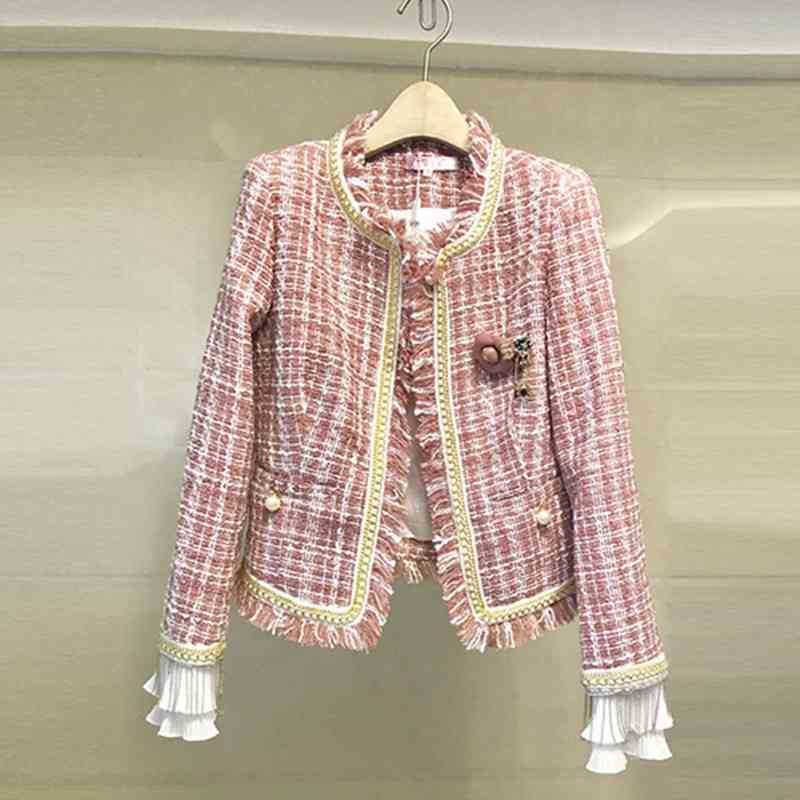 

Runway High Quality Pink Plaid Women Tweed Overcoat autumn Tassel Beading Long Sleeve Jacket Coat Fashion Coats 210525, Picture color