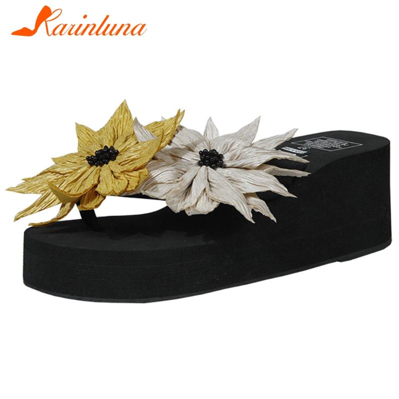 

Slippers KARIN Ins Female Leisure Beach Casual Fashion Flip Flop High Wedges Platform Women Floral Shoes, Black
