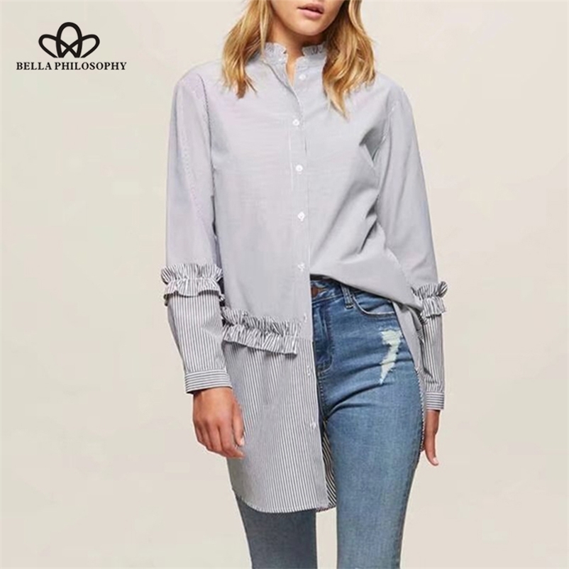 

Autumn Blouse Shirt Women Stripe Stand Collar Color Block Female Casual Long Sleeve Asymmetry Top 210519, Blue