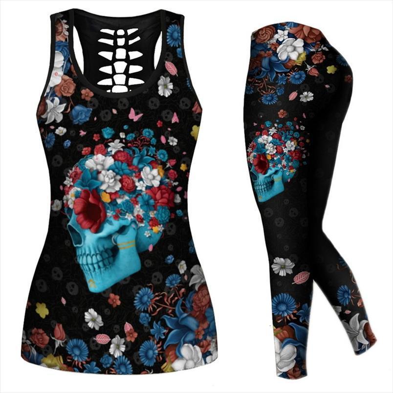 

2 piece set flower womens leggings skull print hollow out vest casual sports suit, Black