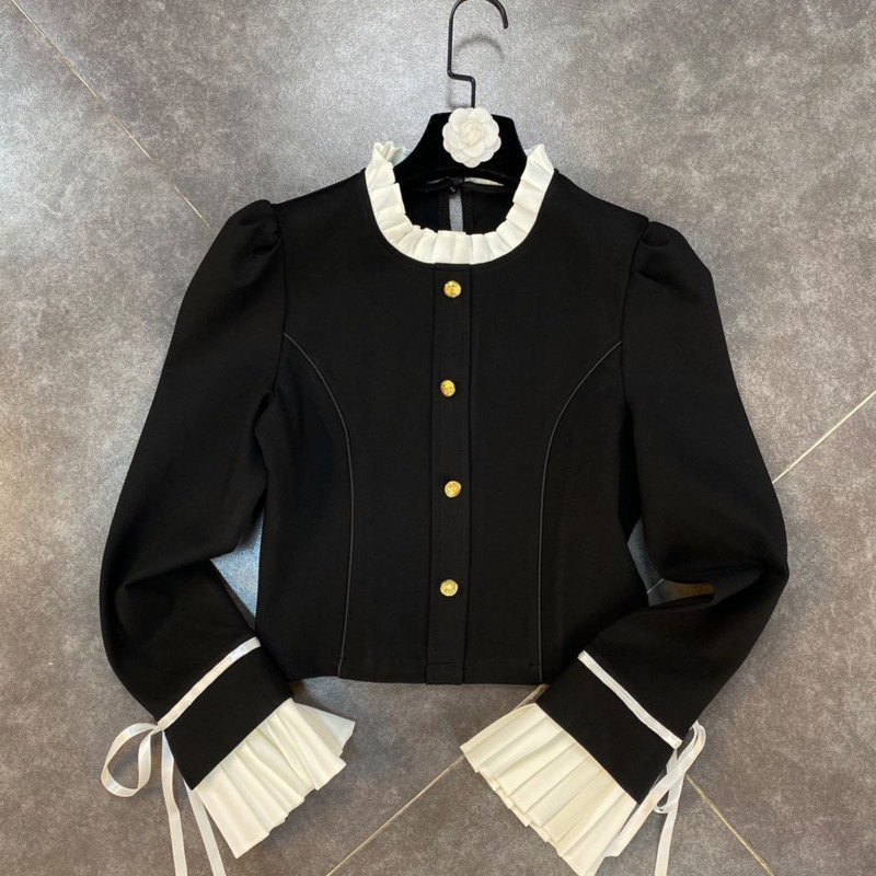 

Spring Arrivals Stand Collar Long Sleeve Single Breasted Contrast Color Vintage Style shirt MZ635 210525, Black