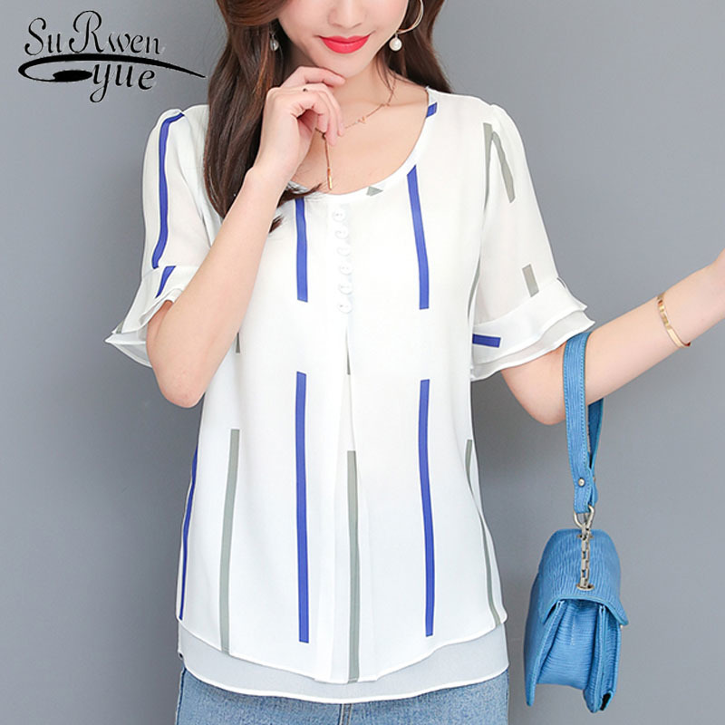 

summer chiffon short shirts V neck plus size printing pattern womens casual clothing tops and blouses 4006 50 210521, Yellow