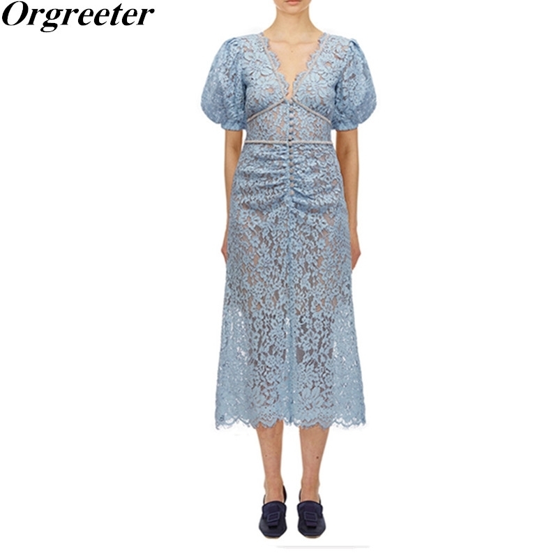 

Summer Party Dress Sexy V-neck Short Puff sleeve Blue/Red/Black/White Pencil Lace Ruched Button Deco 210525