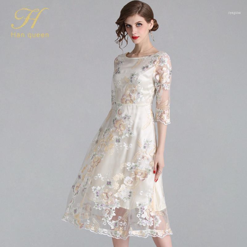 

Han Queen Women Embroidery Mesh Dress Flower Hollow Out 3/4 Sleeve Vestidos Elegant Work Casual Vintage Party Maxi Dresses1, Apricot