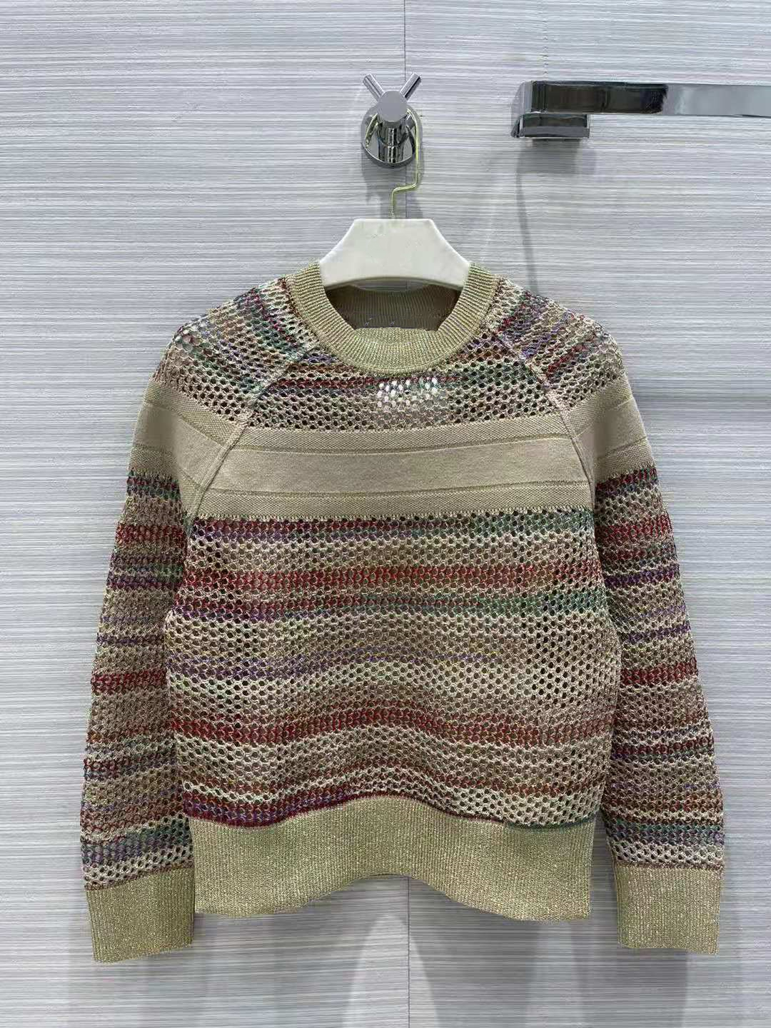 

D Home 21 Summer and Autumn New Collection Ethnic Style Rainbow Striped Hollow Pullover Rib round-Neck Top Long Sleeve Sweater, Color panel