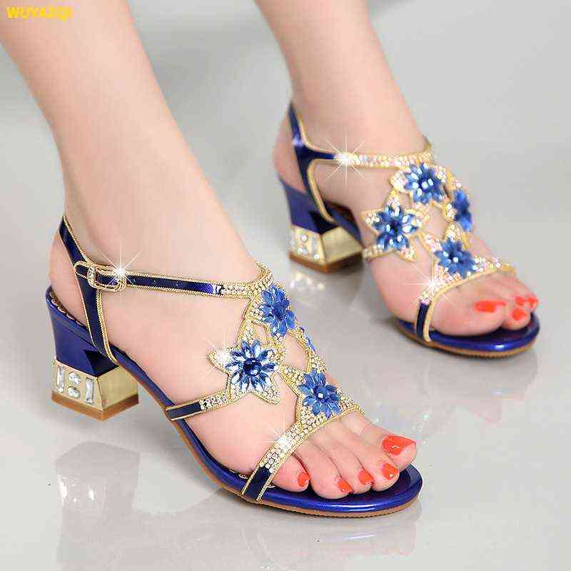 

2022-Women's high and low heel sandals, diamond leather shoes, outdoor, beach,, Blue 5cm high