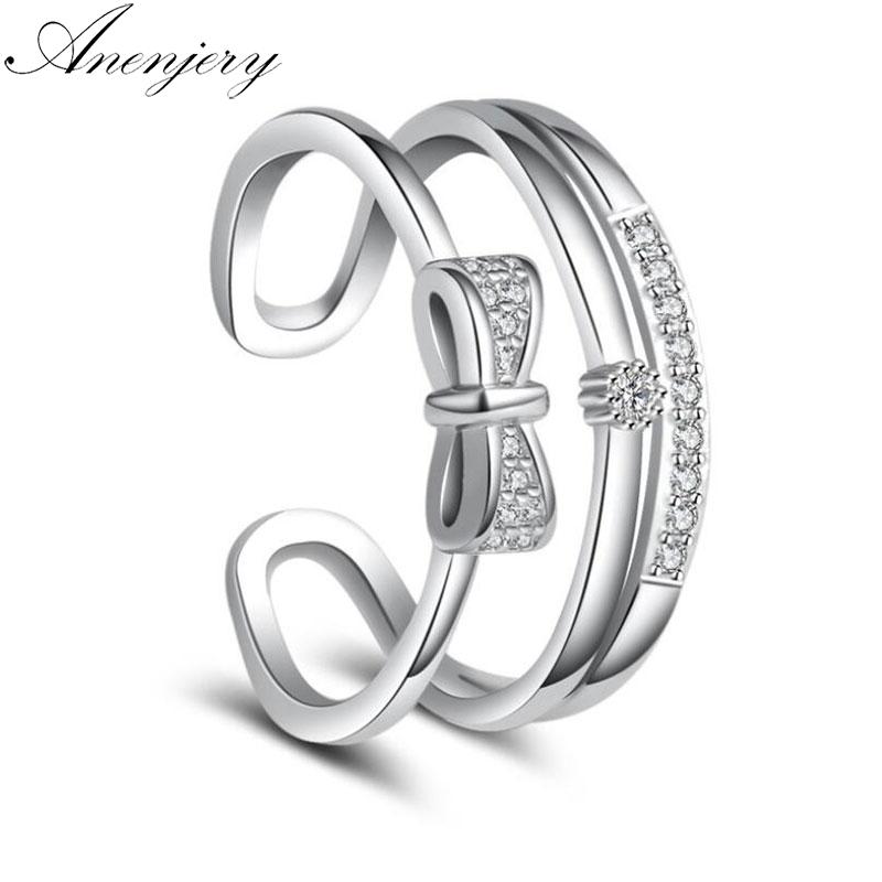 

Cluster Rings ANENJERY 925 Sterling Silver Dazzling Micro CZ Bowknot Ring Setting Zircon Multi-layer Opening For Women S-R340, Golden;silver