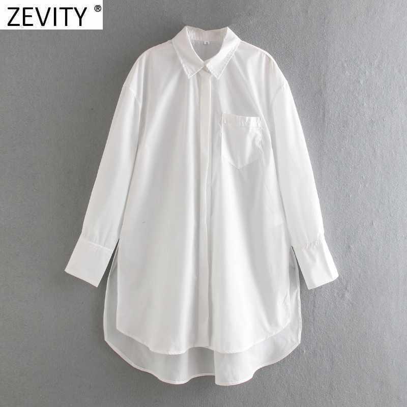 

Zevity Spring Women Simply White Casual Poplin Smock Blouse Office Ladies Side Split Oversize Shirt Chic Long Blusas Tops LS7455 210603, As pic ls7455xqj