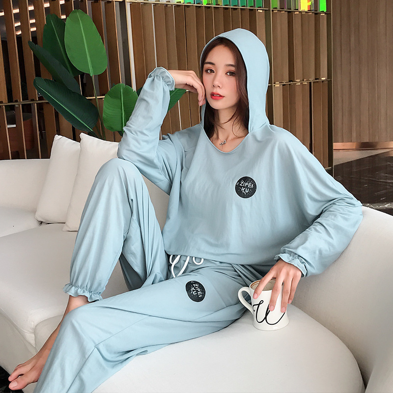 sleepwear Pajamas Women Plus Size Lce Silk Cool Summer Autumn Pyamas with Hat Long Sleeve Trousers Casual Homewear Female Pnz6 QXN7-image-671255650