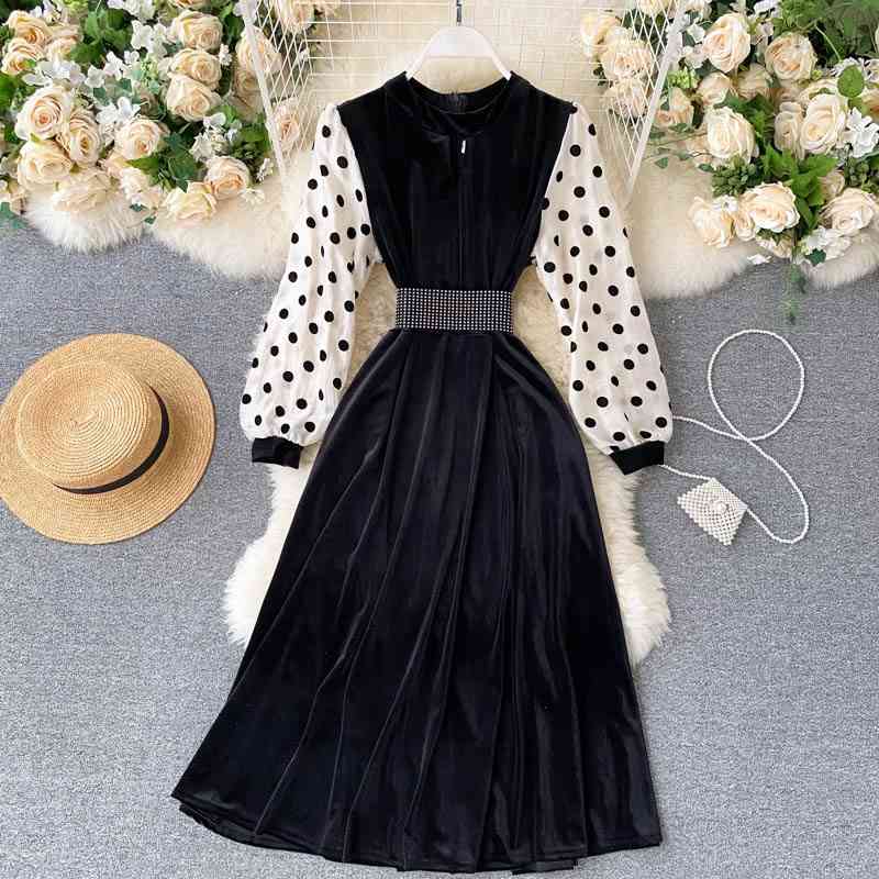 

Retro Women Polka Dot Dress Autumn Patchwork Long Sleeve with Belt Slim A Line Vintage Dresses Ladies Elegant Velvet Drses 210602, Black