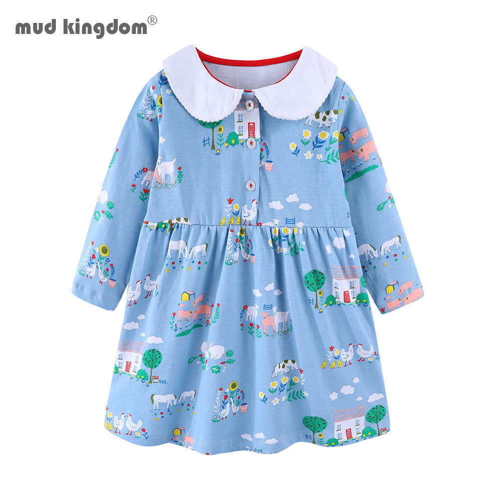 

Mudkingdom Girls Dress Autumn Clothes Long Sleeves Floral Children's Peter Pan Collar Dresses Kids Clothing 210615, Green