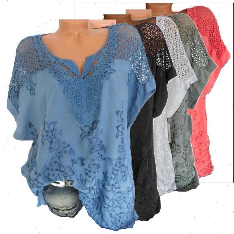 

embroidery summer casual large women blouses size lace cotton v neck bat sleeve plus 6xl, White
