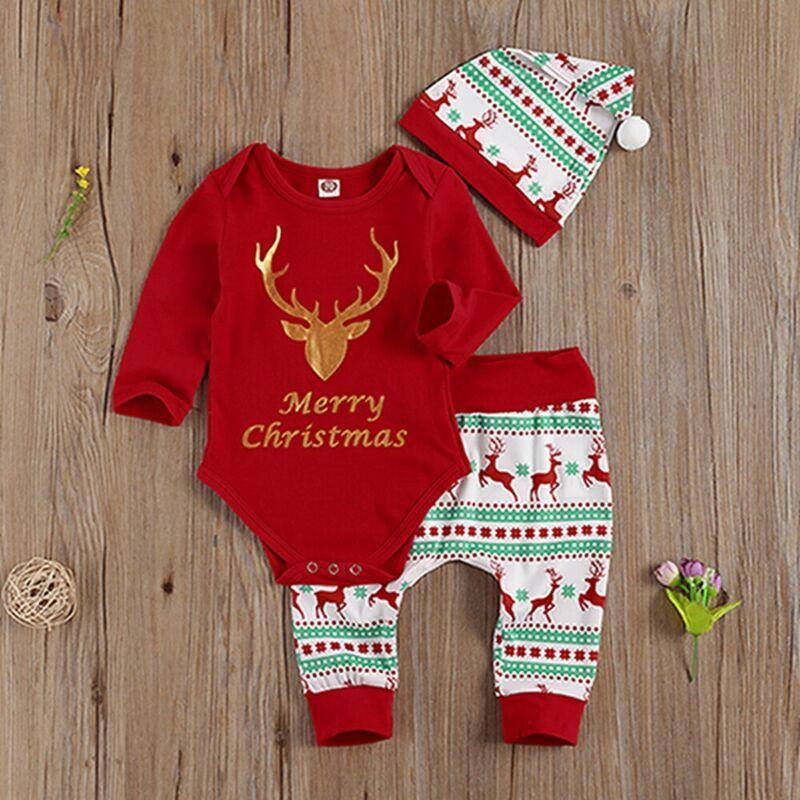 

Clothing Sets 3Pcs Born Baby Girl Boy Merry Christmas Romper Tops Elk Pant Hat Outfits 0-24M, White