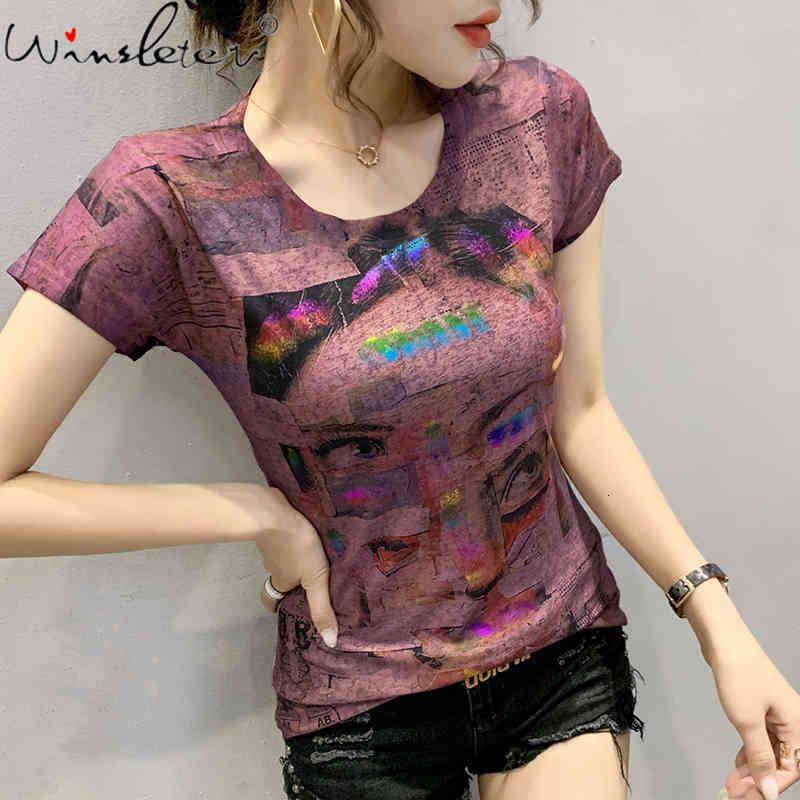 

Women' T-Shirt Summer European Clothes Print Gold Blocking Fashion Women Tops Contrast Color Graffiti Bottoming Shirt Tees T14603, Picture color