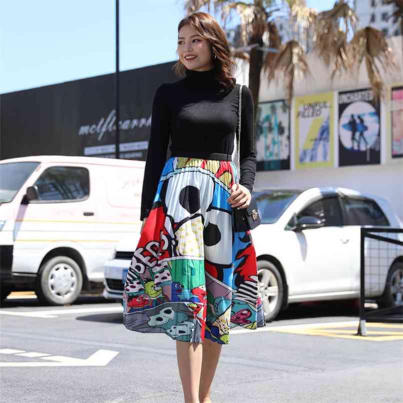 

Autumn Cartoon Print Pleated Women Long Skirts High Waist A-Line Elastic Blue Pink Skirt For Ladies Casual Female Bottoms 210708