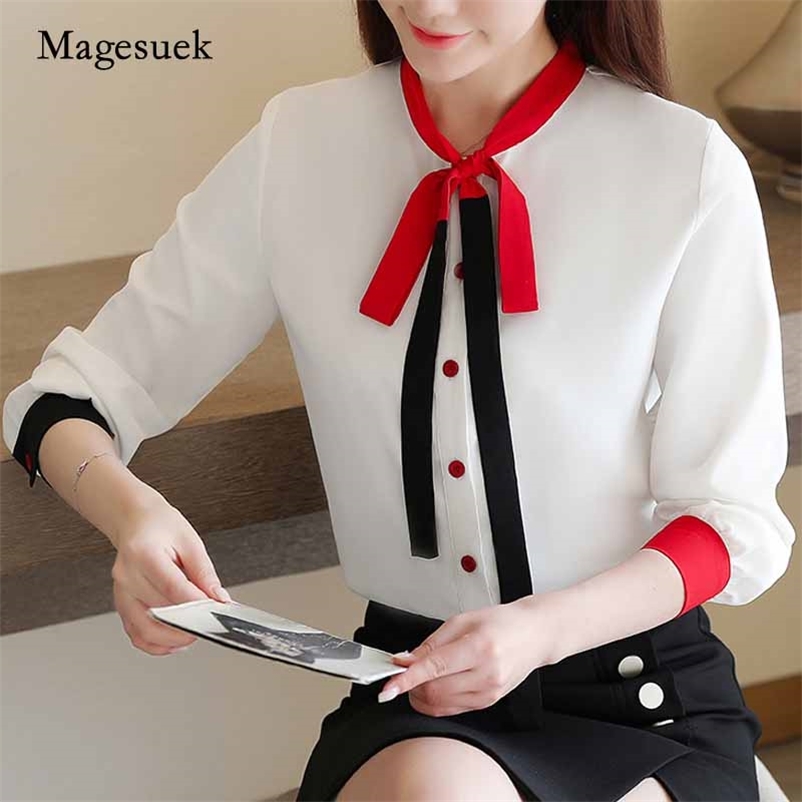 

Korean Contrasting Color Bow Collar Blouses Slimming Women' Long Sleeve Chiffon Tops Single-breasted Overalls Shirts 10677 210518, White